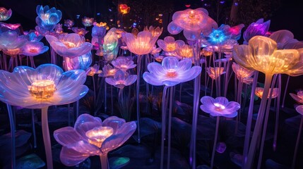 Fototapeta premium Illuminated translucent flowers at night.