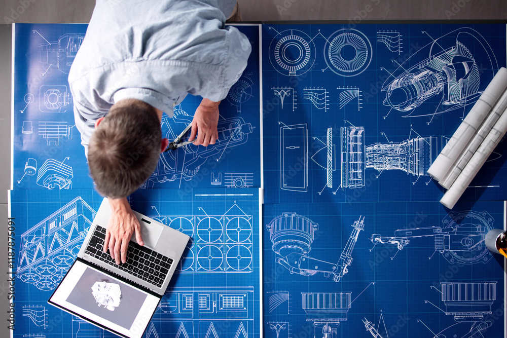 Poster design industry and development. machine blueprint at factory