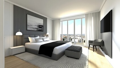 Fototapeta premium Modern Bedroom Design With City View And Gray Accents