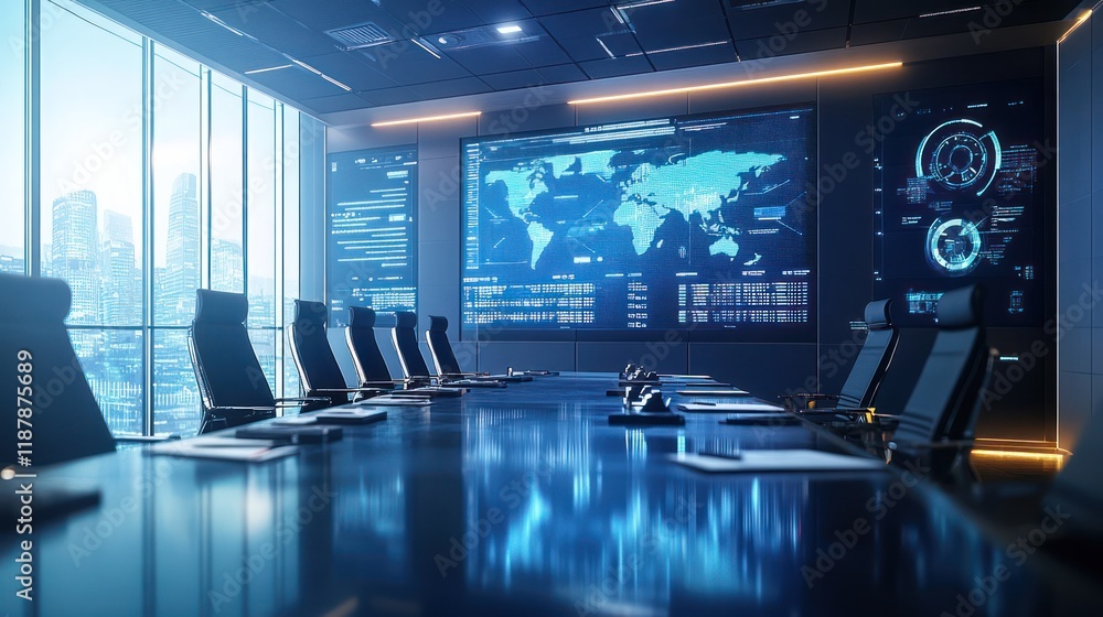 Poster futuristic boardroom with large screen displaying global data.