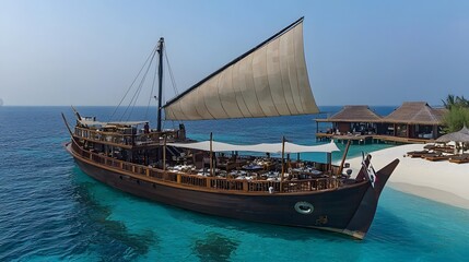 Obraz premium Luxurious Wooden Dhow Boat Restaurant Moored at Tropical Island Resort