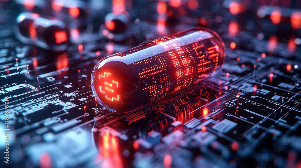 Poster futuristic capsule on a glowing circuit board with red highlights and digital patterns