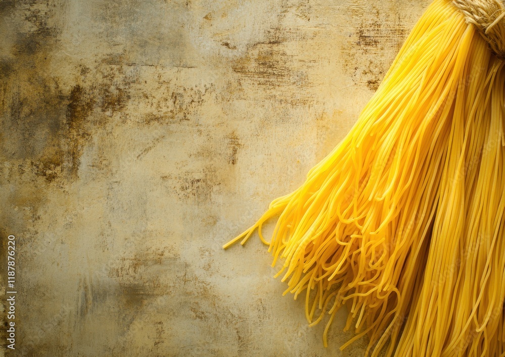 Poster freshly cooked spaghetti strands elegantly arranged on a rustic backdrop with subtle textures, perfe