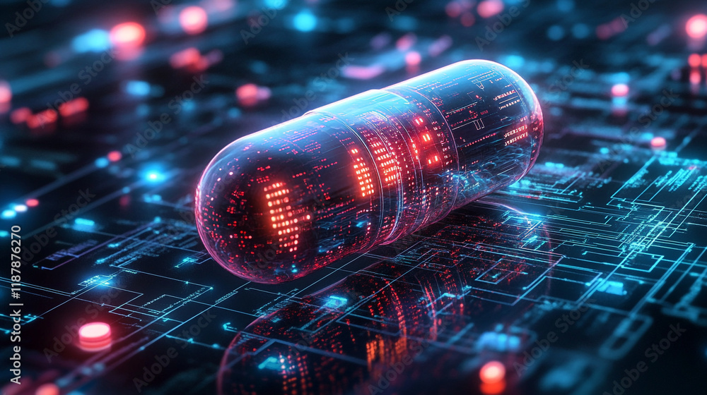 Poster digital capsule resting on a circuit board in a futuristic environment