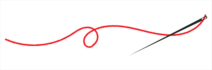 Set of needle with thread vector icons. Black and Red silhouette with sewing needle. Vector. Colorful Thread.