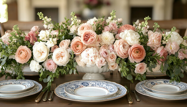 Photo - Elegant Floral Table Setting with Pink, Peach, and White Flowers