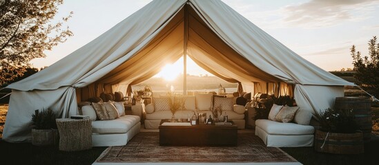 Fototapeta premium Luxurious glamping tent with sunset view, comfortable seating, and stylish decor.
