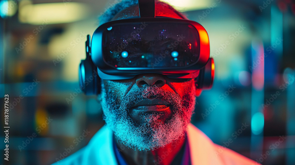 Poster scientist using virtual reality headset in a modern laboratory setting during research