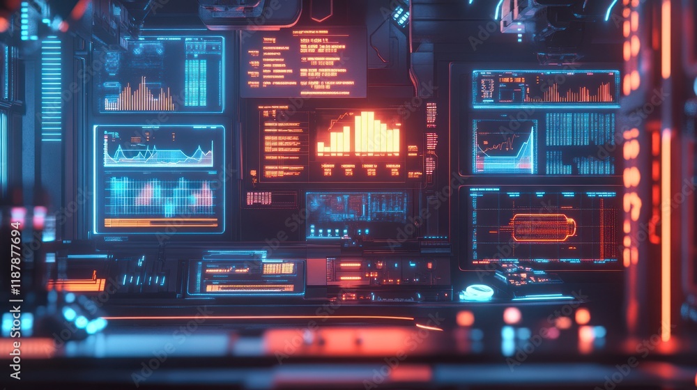Poster futuristic control panel with glowing holographic displays showing data graphs and charts.