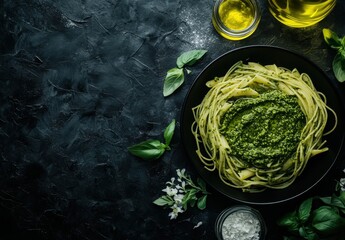Obraz premium Freshly Prepared Pasta Dish with Pesto Sauce Surrounded by Olive Oil, Basil Leaves, and Garnishes on a Dark Textured Background for Culinary Delight