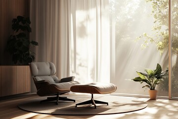 Relaxing in a Modern Chair by the Window with Sunlight Streaming Through Sheer Curtains and Lush Greenery, Creating a Serene Atmosphere.