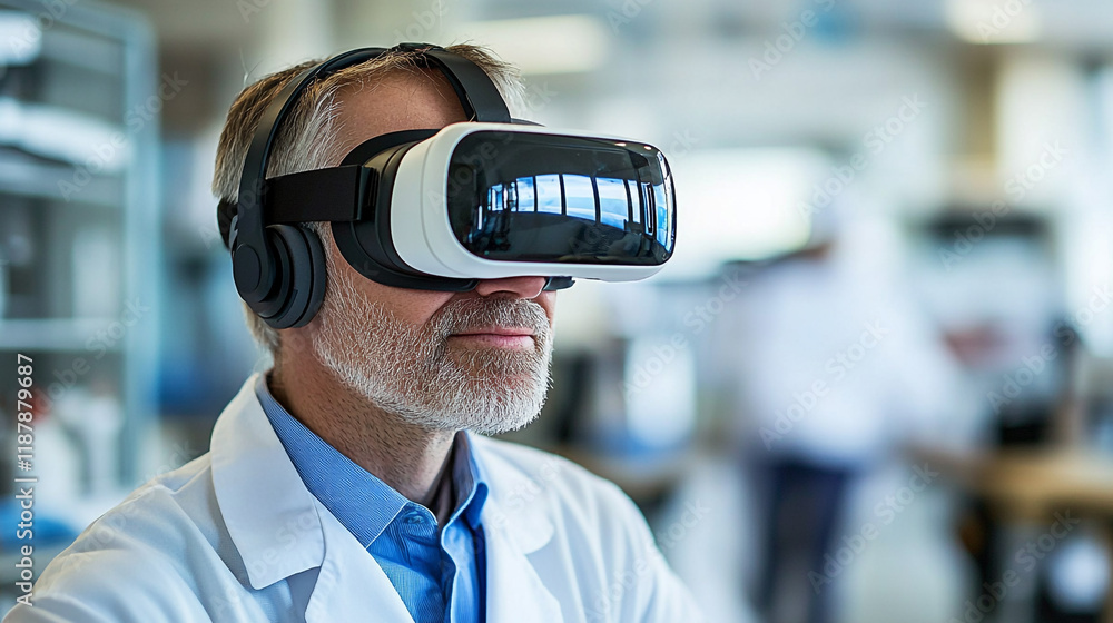 Poster elderly scientist explores virtual reality in laboratory setting with advanced technology