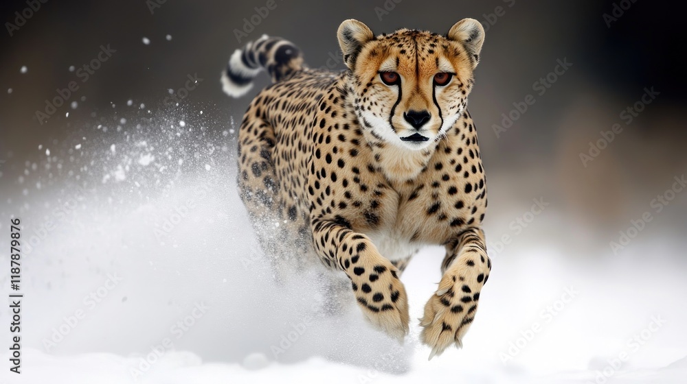 Poster a cheetah sprinting through snow, showcasing its speed and agility in a dynamic pose.