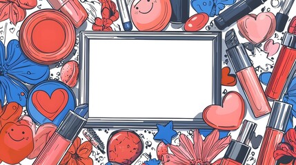 Playful Cosmetics-Themed Frame with Cartoon-Style Elements and Vibrant Doodle Surrounds
