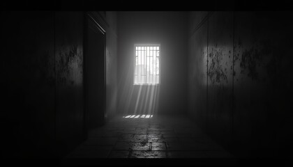 Fototapeta premium Sunlit Prison Corridor: A Monochromatic Study in Light and Shadow