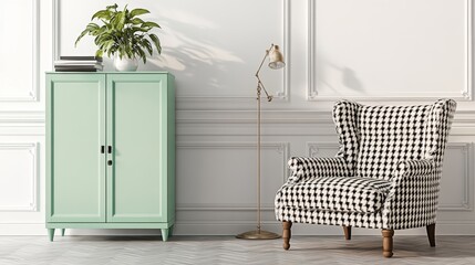 Real photo of a spacious pastel office interior with mint cupboard standing against white wall with copy space next to an armchair with houndstooth pattern
