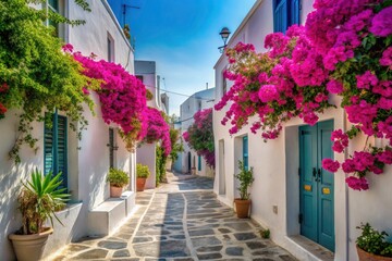 Fototapeta premium Paros Greece: Candid Photo of Whitewashed Houses, Cobblestone Street, Bougainvillea