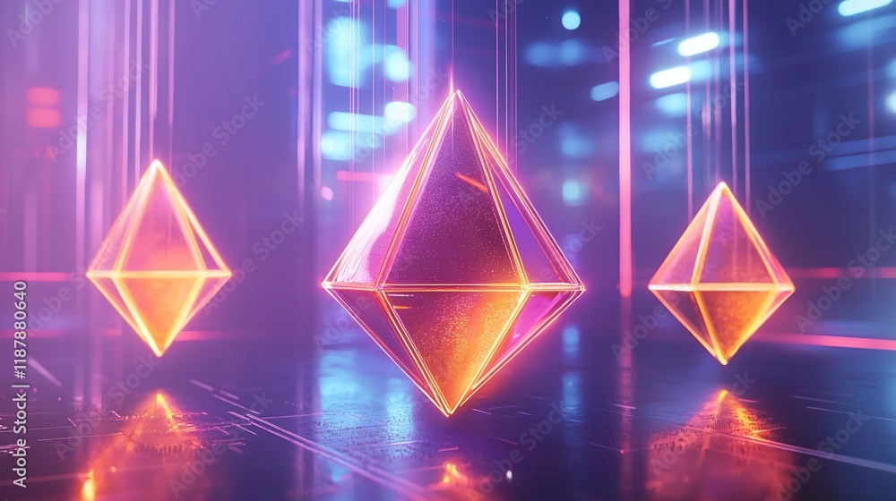 Aufkleber glowing neon geometric shapes in futuristic setting.