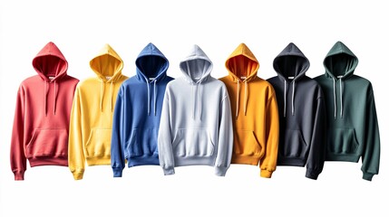 This studio shot features a curated selection of trendy hooded and crewneck sweatshirts, showcasing their distinct designs, textures, and colors against a clean white background.
