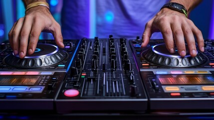 Hands DJ mixing and playing music on a professional controller mixer Board in a nightclub at a party