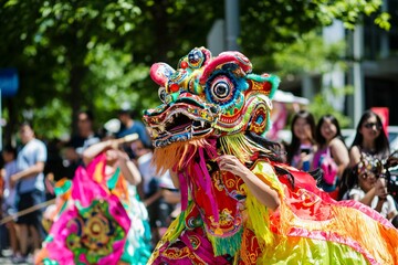 Vibrant lion dance performers in ornate costumes display their artistry at a cultural festival, featuring intricately designed lion heads and vivid fabrics.