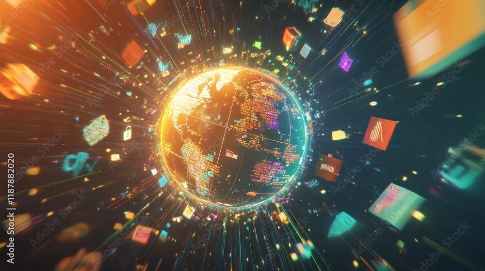 Poster global network, data streams, digital communication.