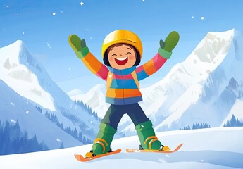 A cute little boy wearing a colorful ski suit is standing on the snow with his hands raised, showing joy and excitement while skiing in front of towering mountains under a clear blue sky.