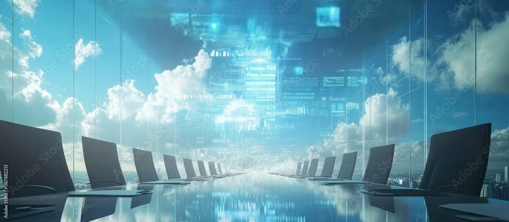 Poster cloud computing concept laptops on a conference table overlooking a cityscape with digital data over