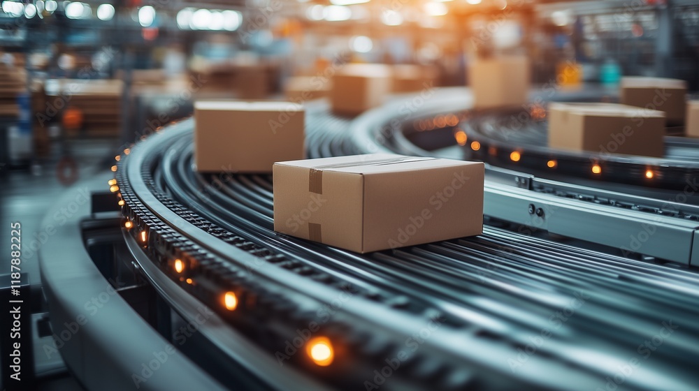 Poster e-commerce in action: cardboard boxes gliding through an automated fulfillment center