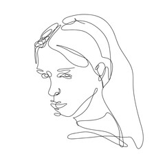 Vector line art portrait girl face with flower. Continuous line, drawing of faces wonen, fashion concept, woman beauty minimalist. Illustration for phone case, t-shirt, slogan design print