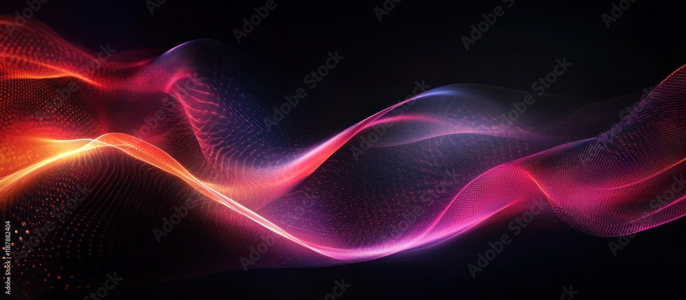 Poster abstract glowing wave background with red and pink particles.