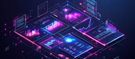 Obraz premium Futuristic digital dashboard with glowing graphs and data visualizations.