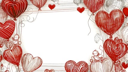 Playful Valentine-Themed Frame with Cartoon-Style Heart Balloons and Lovebirds