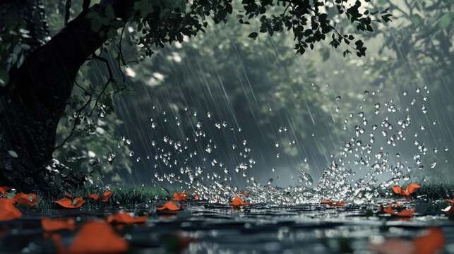 Rain falling in a forest, with red petals on the ground.