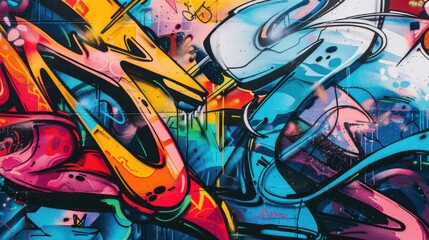 Fototapeta premium a dynamic street art mural bursting with vibrant colors and expressive imagery, white space in the center of the page for text, bold and energetic hues against a gritty urban backdrop