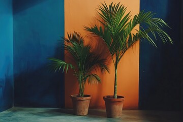 Fototapeta premium Two Palm Plants in Terracotta Pots Against a Blue and Orange Wall Decor