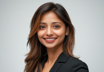 Fototapeta premium Smiling Businesswoman Portrait in Professional Attire Against Neutral Background, Showcasing Confidence and Approachability for Corporate Branding Needs