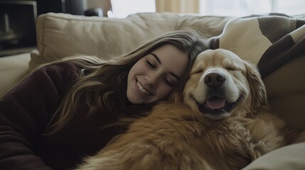 Obraz premium Girl and Golden Retriever Napping Together on Cozy Couch