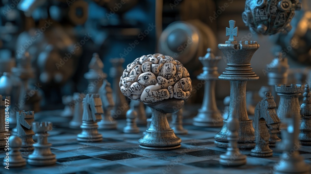Poster a surreal chess scene featuring a brain as a pawn, symbolizing strategy and intellect.
