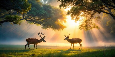 Serene Night Photography of Two Deer Grazing in a Misty Meadow with Soft Sunlight Filtering Through Trees