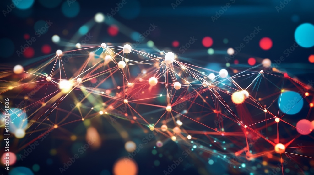 Poster abstract colorful network of connected glowing dots and lines