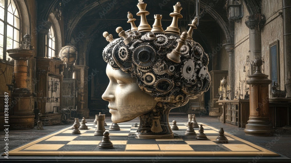 Poster a surreal chessboard with a mechanical head made of gears, symbolizing strategy and intellect.