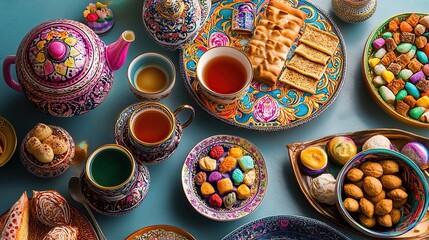 Fototapeta premium Colorful tea party with assorted sweets and pastries.