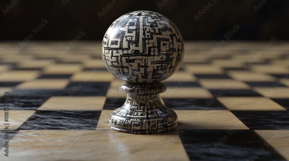 Poster a stylized chess pawn on a chessboard, emphasizing design and artistic elements.
