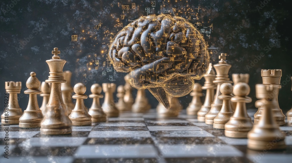 Poster a chessboard with a brain above, symbolizing strategy and intelligence in decision-making.