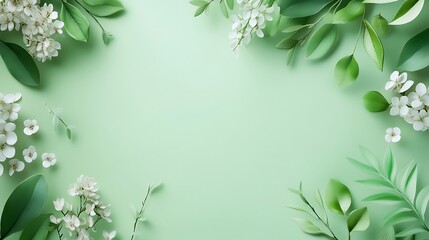 White Flowers and Green Leaves on a Pale Green Background