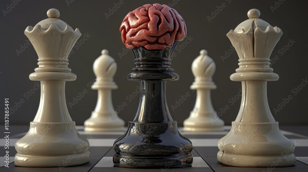 Poster a chess piece resembling a brain, symbolizing strategy and intelligence in a game setting.