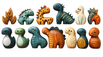 collection set of wooden dinosaur toys  isolated on white background