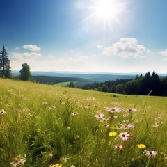 Obraz premium Sunny Meadow Landscape With Wildflowers And Distant Hills