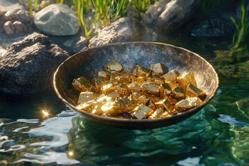 found it golden nuggets gold pan in the water
